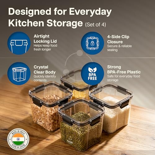 Image of HomeWiz Airtight Kitchen Storage Box 700ml x4 | Containers For Kitchen Storage Set | Food Grade BPA-Free Kitchen Containers Set With 2 Side Clip-Lock | Stackable, For Pantry and Fridge Storage