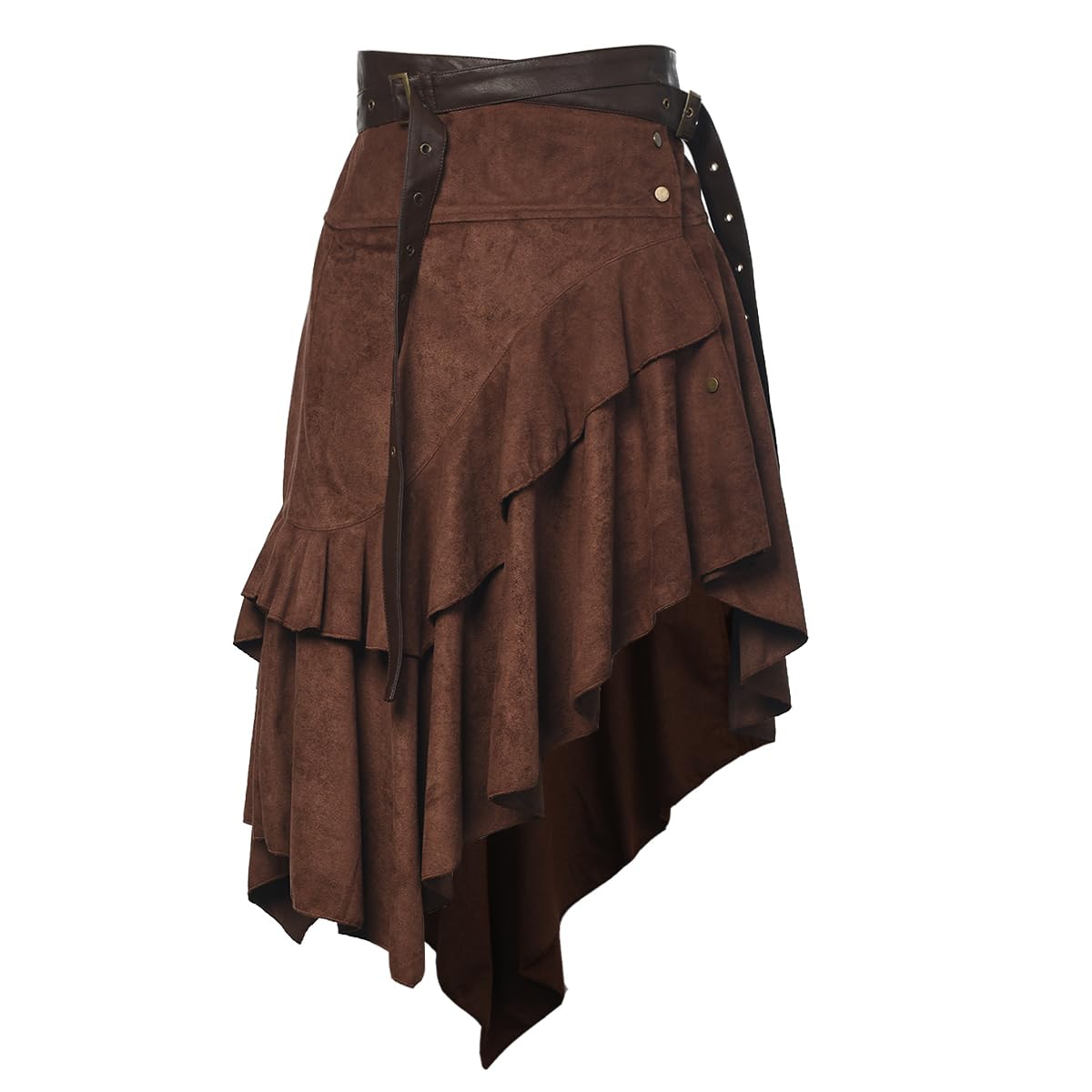 Vintage Suede Skirt for Women Gothic Punk Style Irregular Ruffled High Waist A-line Skirt with Belt Brown