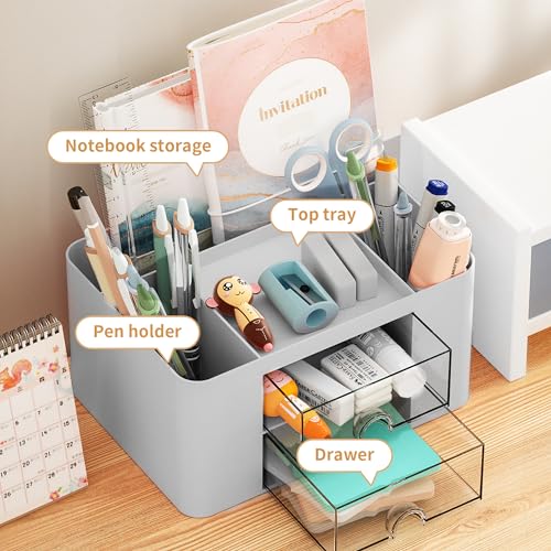 Image of Marbrasse Pen Organizer with 2 Drawer, Multi-Functional Pencil Holder for Desk, Desk Organizers and Accessories with 5 Compartments + Drawer for Office Art Supplies (Grey)