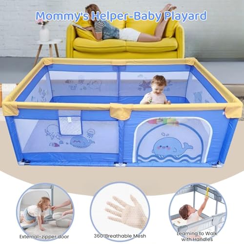 Image of Playpen 150x180cm for Baby 0-5 Years with Safety Lock, Playard with 5-10 Ocean Balls and 2 Grasp Rings (No Mat, Non-Foldable) - Blue