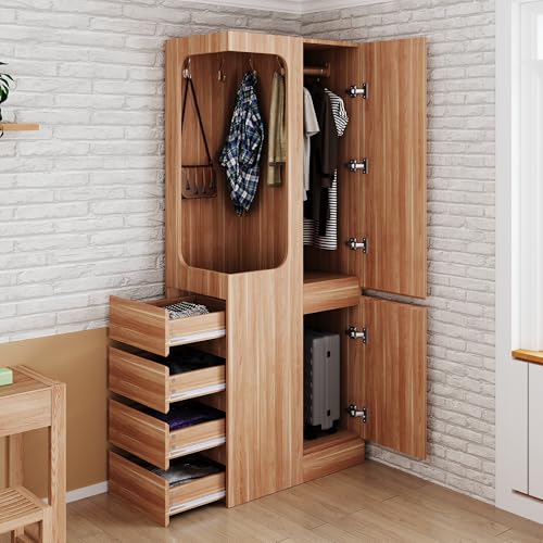 Armario De Dormitorio Con Madera, 1 Puerta Con Cajones Y Compartimentos, Almacenamiento Compacto, Organización Para Dormitorio Y Oficina, Natural Wood, 70x40x170cm