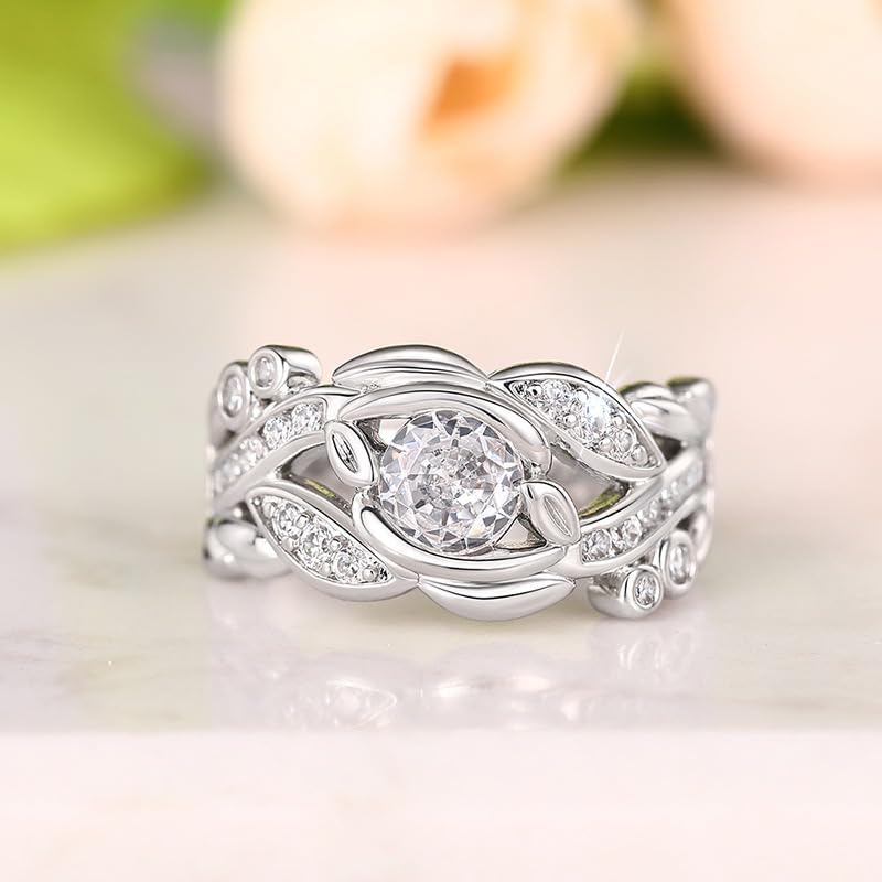 ENDLESSNESS & ETERNITY Leaf Round Cut Half Eternity Cubic Zirconia CZs Simulated Diamond 14K Gold Plated Stackable Wedding Band Ring Engagement Ring Anniversary Ring Party Ring - Image 8