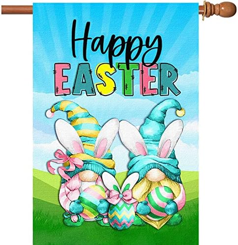 Surfapans Happy Easter Gnome House Flag 28x40 Inch Double Sided Outside Burlap Large Outdoor Easter Egg Yard Flags Porch Home Holiday Decoration