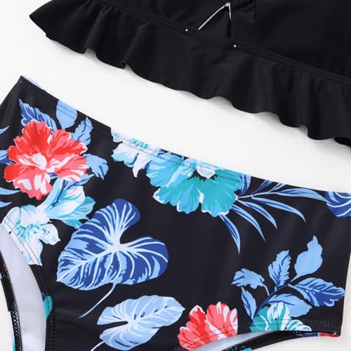 Image of ESHOWEE Girls Swimsuits 2 Piece Bathing Suit Set Toddler Ruffle Tank Top Front Cutout Beach Summer Bikini Swimwear 2-12Y