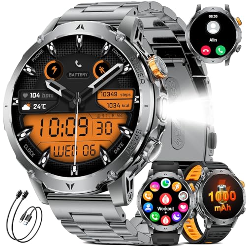 Smartwatch Herren mit 1000mAh Akku/1.7'' HD Große Display,Militär Smartwatch mit Taschenlampe/Bluetooth Anrufe/120+ Sportmodi,IP68 Wasserdicht Fitnessuhr mit Herzfrequenz/Schlafmonitor,für Android iOS