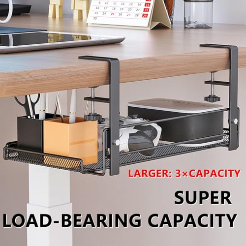 Image of Under Desk Cable Management Tray - Metal Wire Shelf Organizer for Cords, Power Strips & Accessories | Sturdy Black Rack for Office & Home | Easy Install, No Drill Required (Medium)