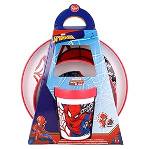Marvel Spiderman babyvoedingsset, van BPA-vrij plastic, met een diep bord, een vol bord en een glas, wasbaar en herbruikbaar