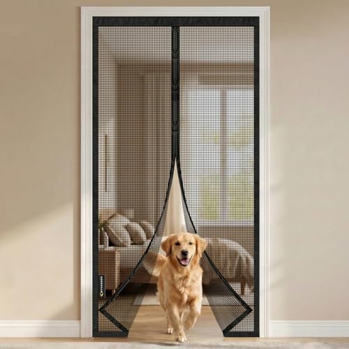 MYCARBON Mosquitera Puerta Magnetica de Fibra de Vidrio Material Ignífugo Mosquiteras para Puertas Resistente a Arañazos de Gatos, Anti UV, con Cinta Adhesiva, 120x220cm, Negra