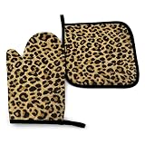 Leopard Print Oven Mitts and Pot Holders Sets,Heat Resistant Oven Gloves Kitchen Mittens for Cooking