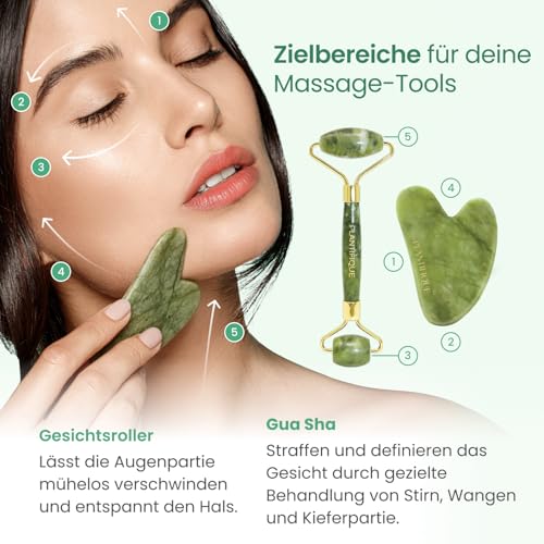 PLANTIFIQUE Jade Gesichtsroller und Gua Sha Stein Set - Natürliches Jade Face Roller & Guasha für Lymphdrainage und Massage Gesicht, Augenroller - Gesichtsmassage Roller 4