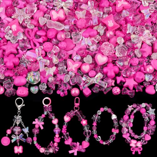 200-260PCS TINKRSTUFF Assorted Rose Pink Acrylic Beads for Bracelet Making, Cute Beads for Jewelry Making Flower Bow Butterfly GummyBear Aesthetic Bracelet Charms,DIY Necklace Keychain Phone Charm