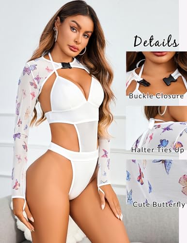 Image of Avidlove Rave Outfits for Women Festival Sexy Lingerie Bodysuit 2 Piece | Buckle shrug crop top halter bodysuit set, snap closure, breathable mesh, for concerts and club nights