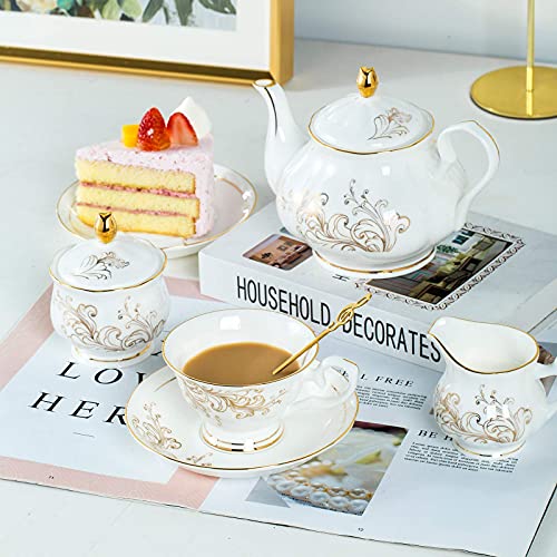 Daveinmic 22-Pieces Porcelain Bone China Tea Sets,Gold Rim Coffee Set With Golden Metal Rack,Cups,Saucers,Spoons,Teapot,Sugar Bowl,Creamer Pitcher,Tea Gift Sets For Home&Party(Gold Rim Phoenix Set) #TOP2