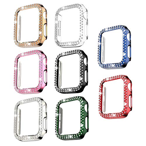8 Pack Bling Case Compatible with Apple Watch 44mm SE Series 6 5  4, Fvlerz Hard PC Double Row Crystal Diamond Plated Case Shockproof Cover All-Around Protective iWatch Accessories