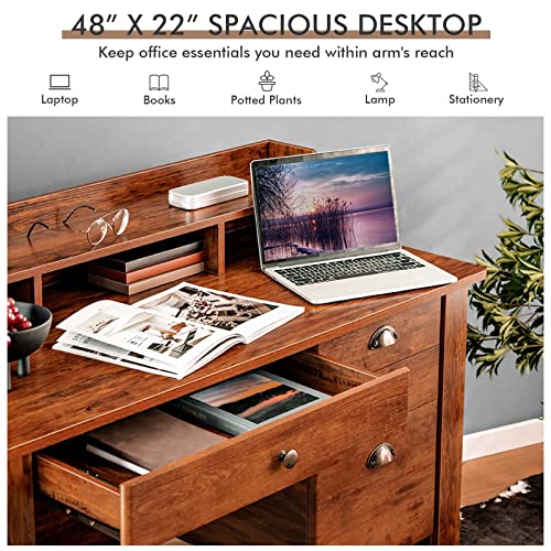 Goflame 48” Computer Desk With Hutch, Vintage Home Office Desk With Storage Drawers & Shelves, Space Saving Laptop Pc Table, Wooden Study Writing Workstation, Rustic Brown #TOP3