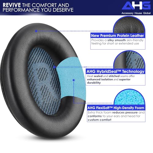 Image of AHG Premium SoundLink AE2 Ear Pads Cushions Compatible with Bose SoundLink AE2 / Bose SoundLink Around Ear ii Wireless Headphones (Black). Premium Protein Leather | Extra Thick Soft High-Density Foam | Easy DIY Fit | Premium Protein Leather | Extra Thick | Soft High-Density Foam