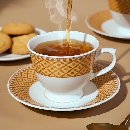 Image of UPC Premium Bone China Cup & Saucer Set (6 Pieces) | Elegant Solid Color Tea Coffee Cups | Lightweight, Durable & Glossy Finish | Ideal for Home, Office & Gifting (N-Cup white-33)