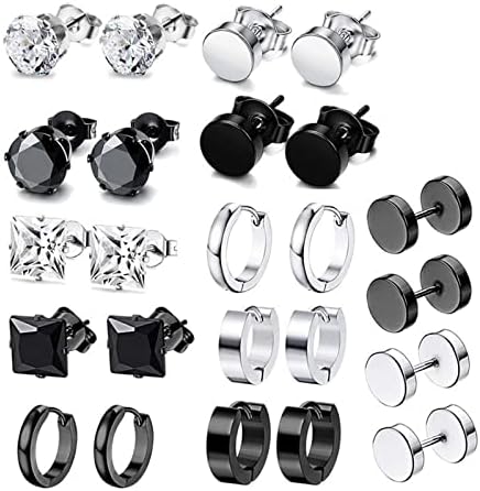LEBOCADO 12 Pairs Earrings for Men, Stainless Steel Black Stud Earrings Hoop Earrings Set for Unisex, Boys Girls Jewelry Set Gift (12 Pairs Set)