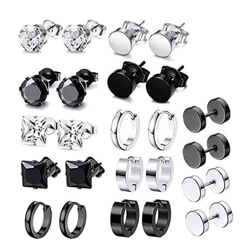 10-12 Pairs Earrings for Men Women, Stainless Steel Black Stud Earrings Set for Boys Girls Gift with Box