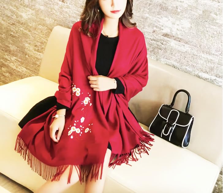 Secret for Longevity Classic Medium Weight Japanese Sakura Cherry Blossom Embroidered Deep Red Burgundy Womens Cashmere Feel Scarf Wrap (27" wide x 75" long)4