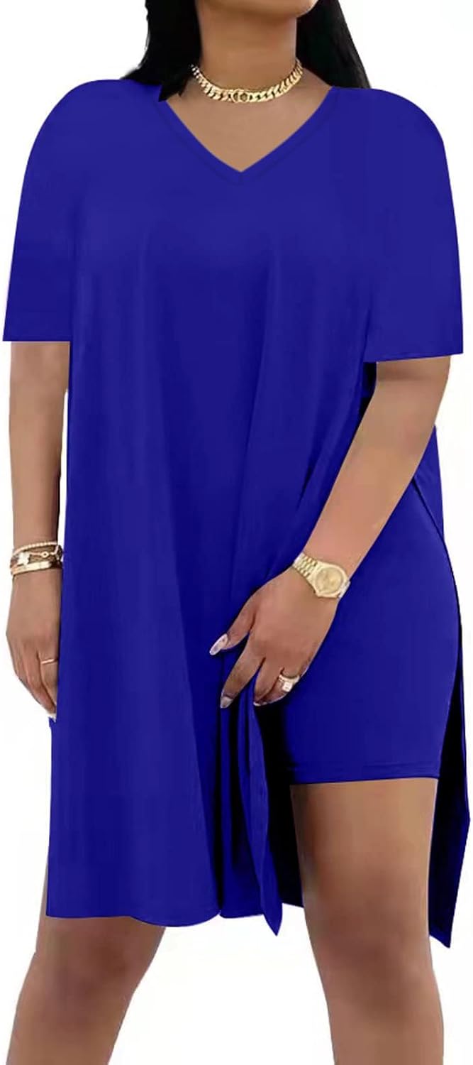 Plus Size Women 2 Piece Outfits, Short Sleeve Tunic Tops Bodycon Biker Shorts Set, Summer Casual Oversized Tracksuit