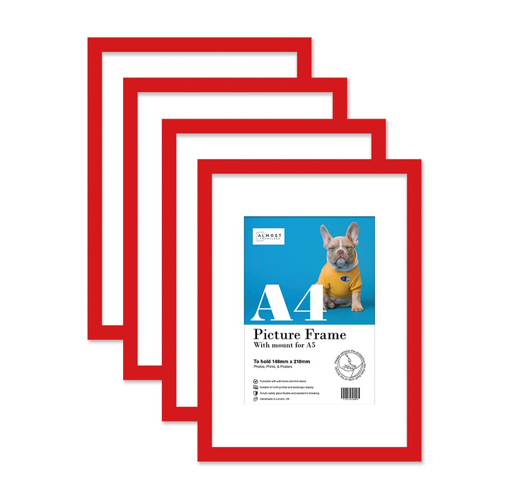 Almost Frameless A4 Red Picture Frame Set of 4, Display A5 Pictures with Mount or A5 Without Mount Gallery Wall, Poster, Photo, Artwork, or Print, Red — image 1