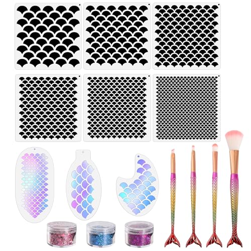 Mermaid Scale Stencil Set 9 Pieces Reusable Mermaid Face Makeup Stencils Fish Scale Templates 3 Bottles Glitter and 4 Pcs Eye Makeup Brushes - Women Girl Cute Make Up DIY Tool Set