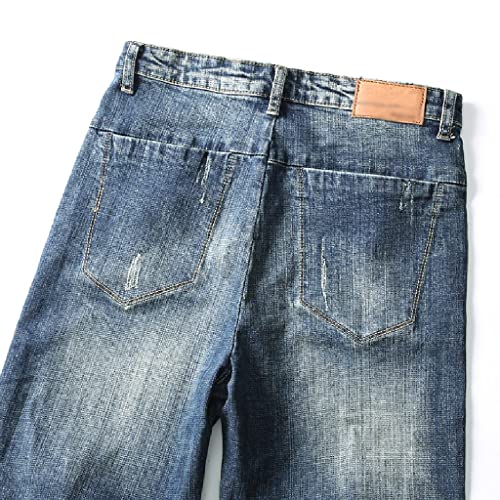 Jeans rétro bleu élastique avec empiècements patchés et coupe harem ample