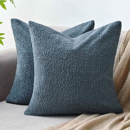 Cheekywares 2er Set Blau Kissenbezug 40x40cm Dekorative Kissenhülle Sofakissen Flauschig Gelockter Kunstfell Kissenbezüge Boho Moderne Dekokissen Bezug für Sofa Wohnzimmer Gartenbank Schlafzimmer