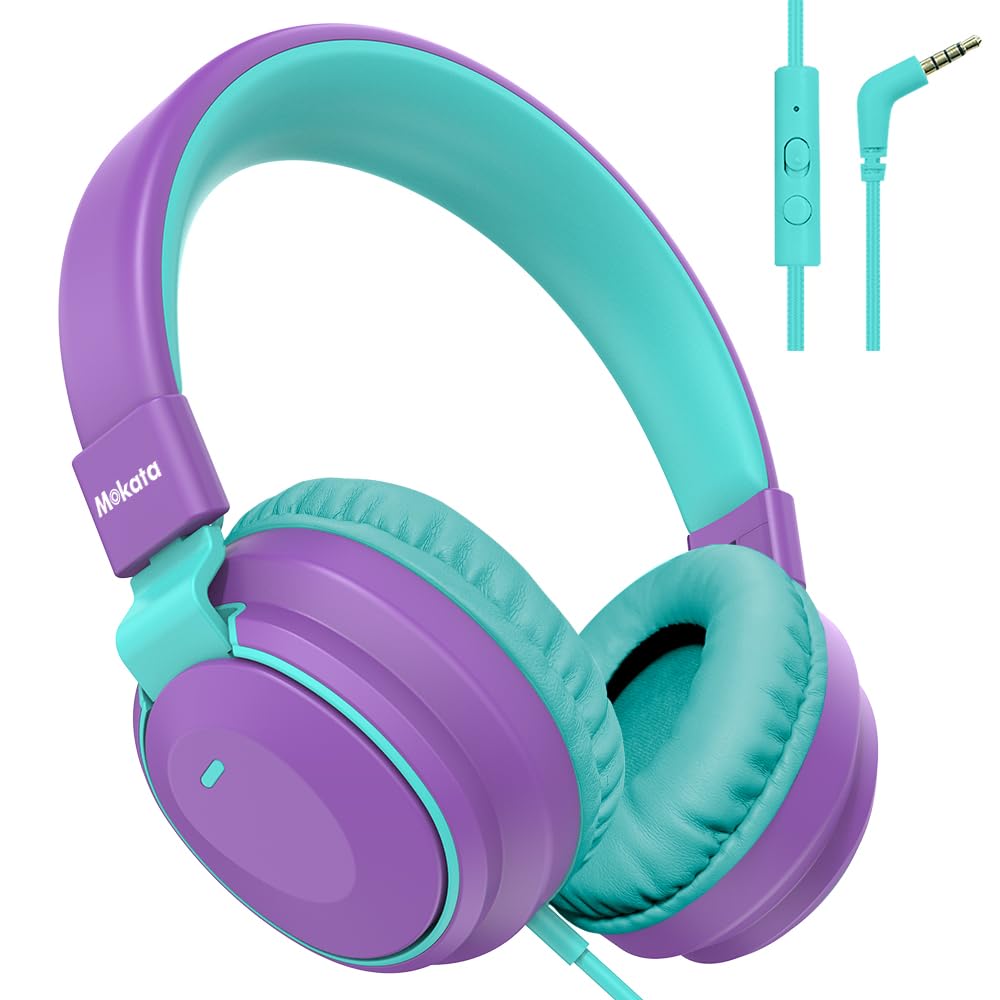 Mokata Auriculares para niños, volumen limitado, 85/96 dB, con cable, plegables, con cable en línea, cable auxiliar de 3,5 mm, micrófono para niño, niña, escuela, PC, portátil, tablet, color morado