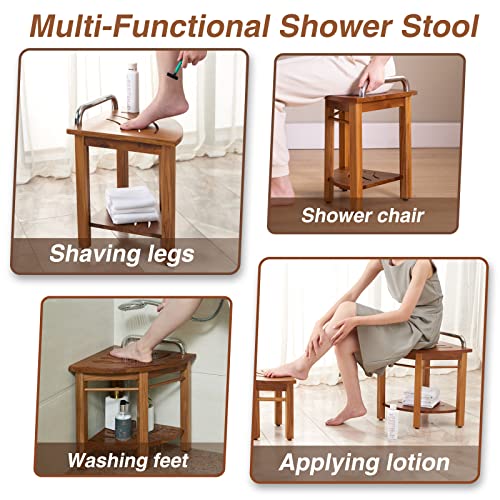 Lovitgo 17" Teak Shower Stool For Shaving Legs/Corner Shower Bench For Inside Shower/Shower Foot Rest/Waterproof Wooden Shower Foot Stool With Shelf And Handle, Indoor Or Outdoor Use #TOP3