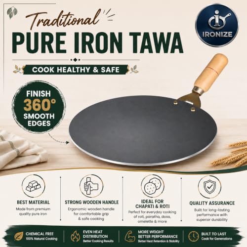 Image of IRONIZE Pure Iron Roti Tawa with Wooden Handle | Heavy Duty Chemical-Free Iron Cookware | Even Heat Distribution | Ideal for Roti, Chapati, Paratha, Dosa & Omelette | Available in 1kg to 2kg (1.35 kg)