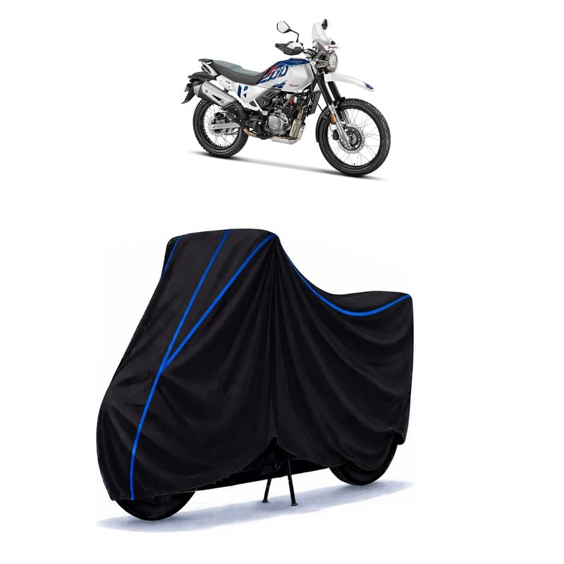 Image of Hero XPulse 200 4 Bike Cover Water Resistant Universal Motorcycle Rain | Heavy Duty UV Protection, Dust, Scratch Indoor Outdoor All Weather with Black Blue Piping Elastic