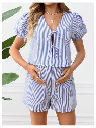 Image of MakeMeChic Women's Maternity 2 Piece Short Set Summer Striped V Neck Tie Puff Sleeve Shirt and Shorts Pajama Sets