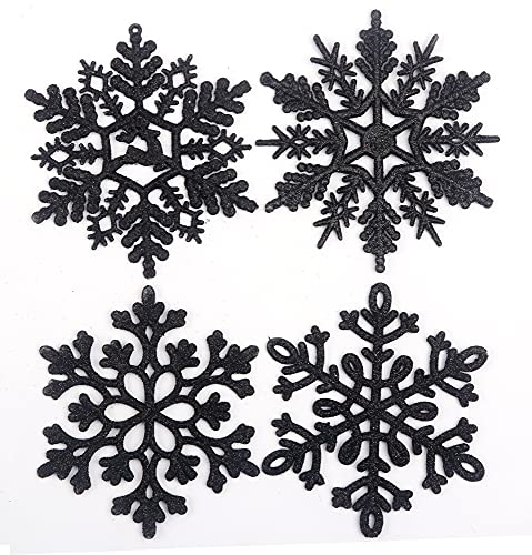YYCRAFT 32pcs Glitter Snowflake Ornament 4 Inch for Christmas Tree Decoration-Black