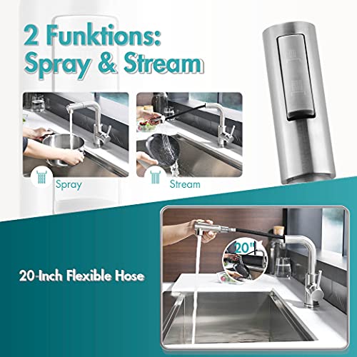Wasserhahn Küche APPASO, Küchenarmatur Ausziehbar Hockdruck 360° Drehbar, Edelstahl Mischbatterie mit 2 Straharten für Küche/Waschbecken/Bar/Wohnmobil | Gebürstet - Image 3