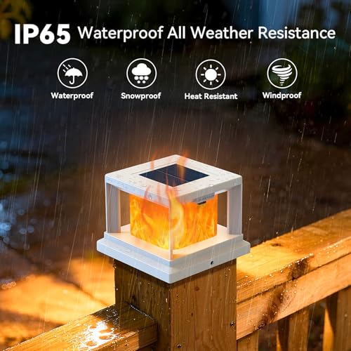 Brightever 4x4 Post Solar Lights with Flickering Flame, Solar Flame Post Cap Lights Outdoor for 3.5x3.5 4x4 Wooden/Vinyl Post, White Fence Post Solar Lights for Garden Patio Porch, 6-Pack — view 5