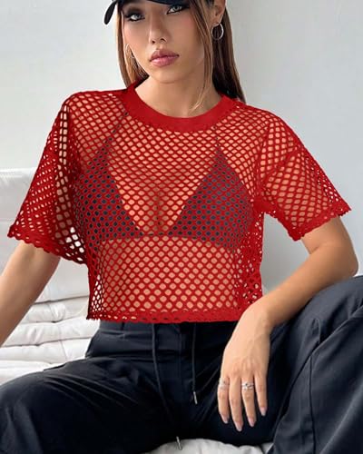 Image of Women's Mesh Top Fishnet T Shirts Sheer Loose Short Sleeve See Through Crop Tops