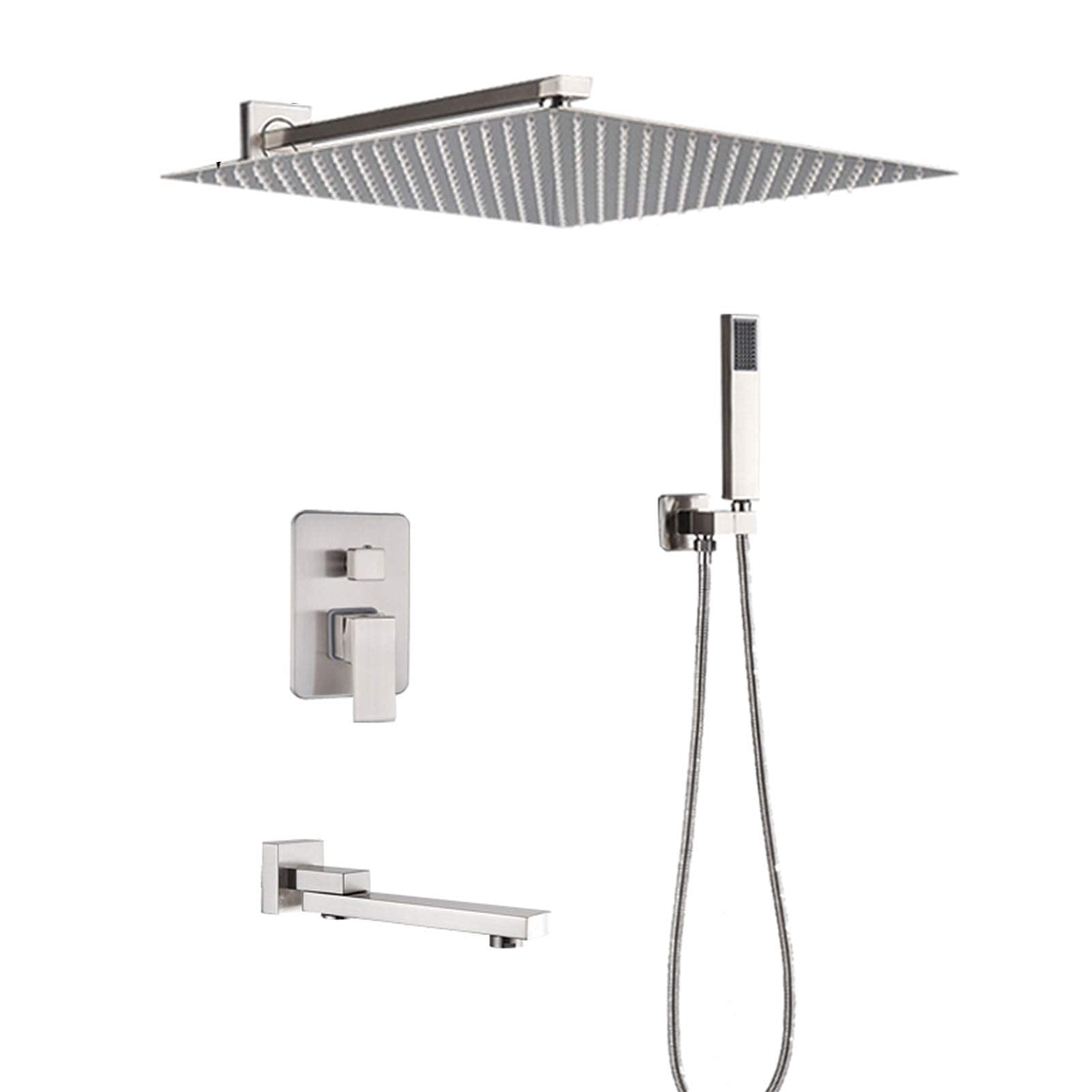 Système de douche en laiton nickel brossé LUNEZY avec bec de baignoire mural
