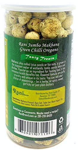 Image of Rani Jumbo Phool Makhana (Fox Nut /Popped Lotus Seed) Green Chilli Oregano Flavor 2.29oz (65g) Vacuum Sealed, Easy Open Top, Resealable Container ~ Indian Tasty Treats | Vegan | NON-GMO | Indian Origin
