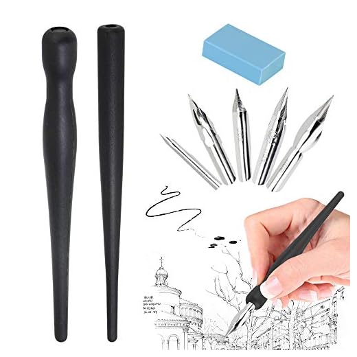 DURANTEY Plumillas Dibujo Manga Plumillas Caligrafia 2 Soporte de Pluma Negro + 5 Puntas + 1 Borrador de Dibujo Palillero Oblicuo Caligrafia para Dibujo Pintura Manga Boceto Principiantes Artistas