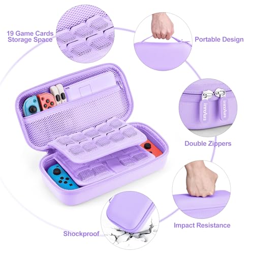 Image of innoAura Switch Case 19-in-1 Bundle for NS Switch (2017), with Carrying Case, Game Organizer, Screen Protector, Stand and Thumb Grips, Purple