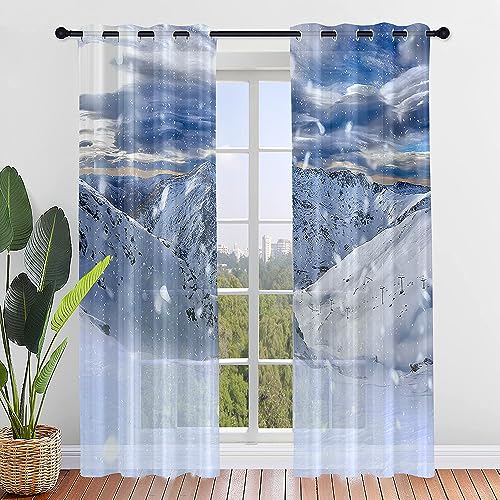 Surwin Paysage de Neige Rideau Voilage, Lot de 2 Rideau à Oeillets, Voiles Intérieurs Translucides, Rideaux Salon Moderne pour Décorer...