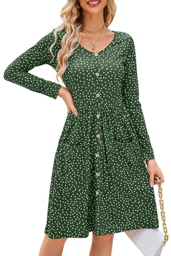 OUGES Women's Long Sleeve V Neck Button Down Polka Dot Dress with Pockets 2026(Green Polka Dot, XXL)