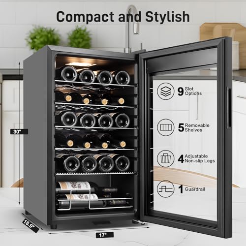 Image of Tylza 24 Bottles Wine Fridge, Wine Cellar with Powerful Compressor, LED Touchscreen, Low-E Tempered Glass Door, Lock, Wine Cooler Refrigerator for Red, White, Champagne or Sparkling Wine, Black