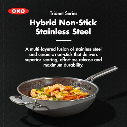 Image of OXO Hybrid 12 inch Nonstick Wok with Glass Lid, PFAS-Free Ceramic Stir-Fry Pan, Induction & All Cooktop Compatible, Dishwasher Safe, Fusion Boost Tech for Powerful Searing, Mirror Polished Tri-Ply