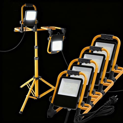Aigostar Baustrahler LED 4x50W 4500LM LED Arbeitsleuchte mit Stecker, IP65 Wasserdichtes Arbeitsscheinwerfer, für Werkstatt oder Baustelle,Garage, 6500K Kaltes Weißes Licht