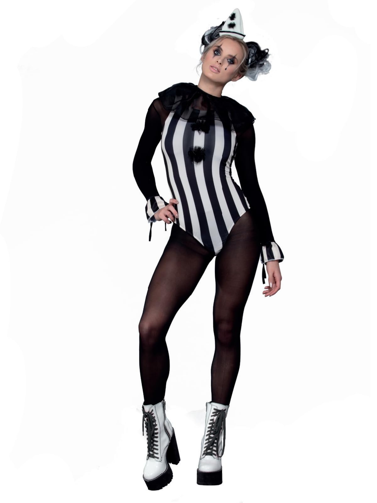 Smiffys Fever Vintage Pierrot Clown Costume Leotard, Bodystocking, Collar, Wrist Cuffs & Hat, Fever Fancy Dress, Fever Dress Up Costumes