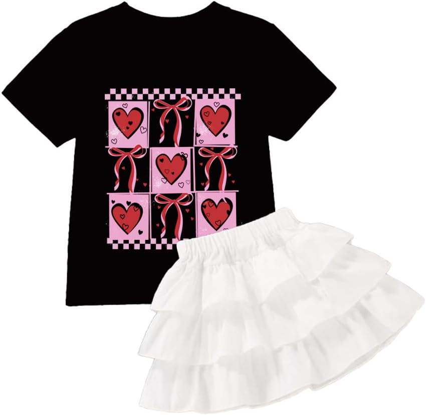 Girls Skirt Set 2 Piece Toddler Valentines Clothes Short Sleeve T-Shirt Bow Heart Outfit Set for 3-8 Years