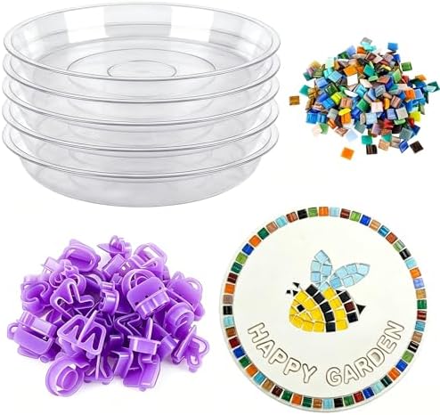 U0U 5PCS Stepping Stone Kit Includes Round Cement Molds, Mosaic Tiles and Carving Tools,DIY Garden Stepping Stone kit for Kids,Family,Outdoor Walkways Pavement Decoration (transparent/5pcs, 10inch)